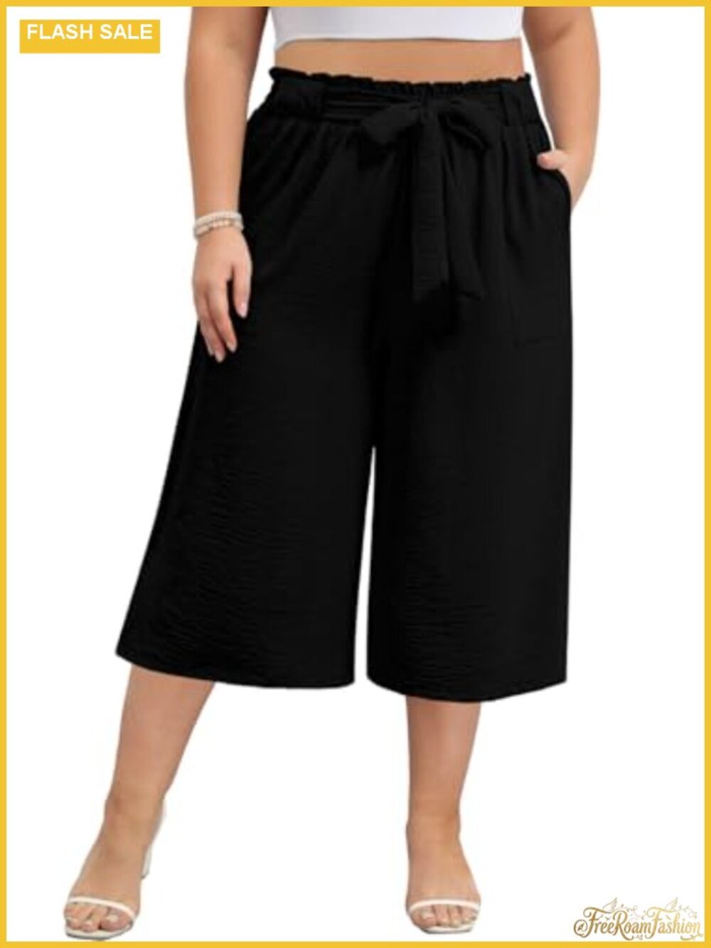 Plus Size Wide Leg Capri Pants High Waisted Palazzo Summer Cropped with Pockets